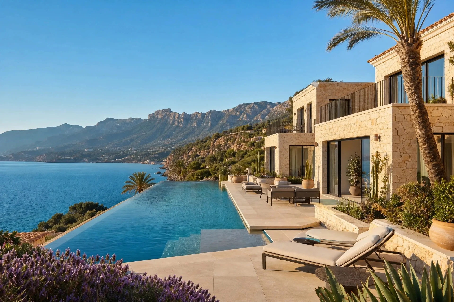 Luxury stone villa with infinity pool overlooking the Mediterranean sea and mountains in Mallorca